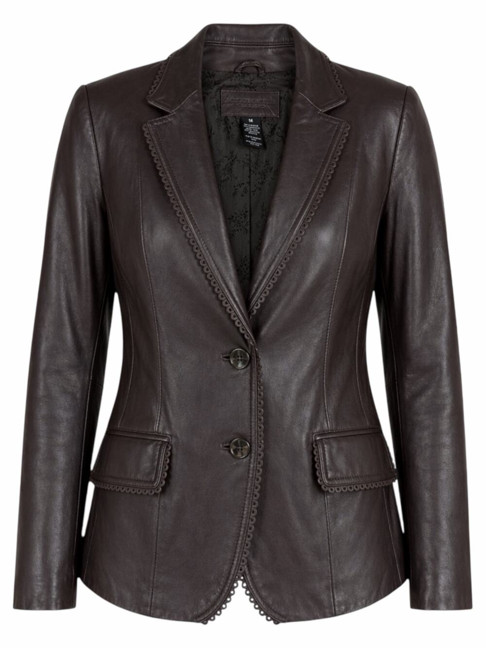 Jaclyn Smith Scallop Trim 2 Button Leather Blazer Jacket Dark Brown Size 14